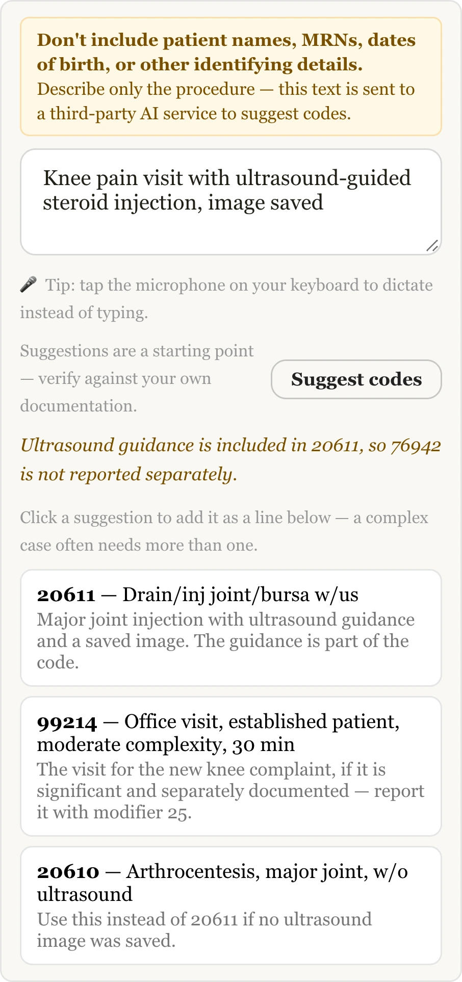 The AI suggestion box: a procedure described in plain words, and three suggested CPT codes with the reasoning for each.